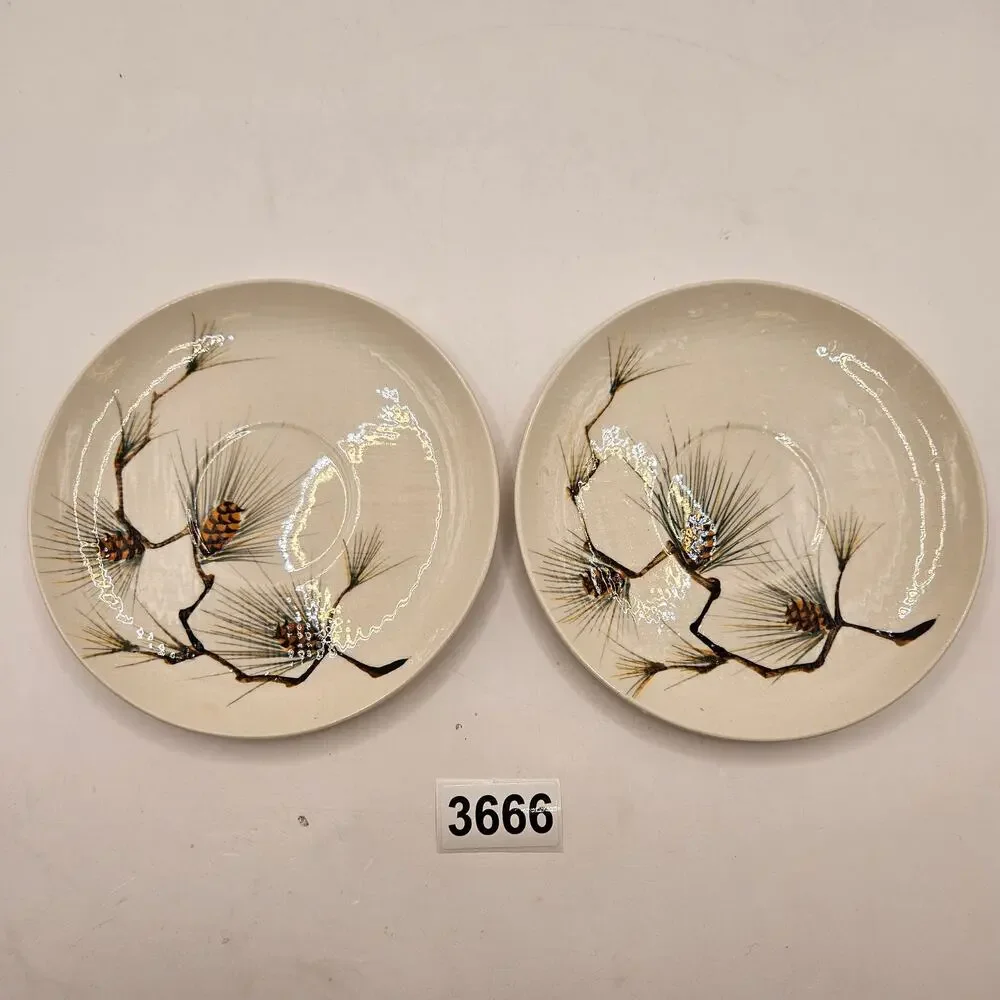 KANEDAI JAPAN CANYON PINE HAND PAINTED PINECONE SAUCER PLATES SET OF 2